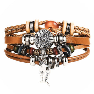 Vintage Leaf Feather Multilayer Leather Bracelet