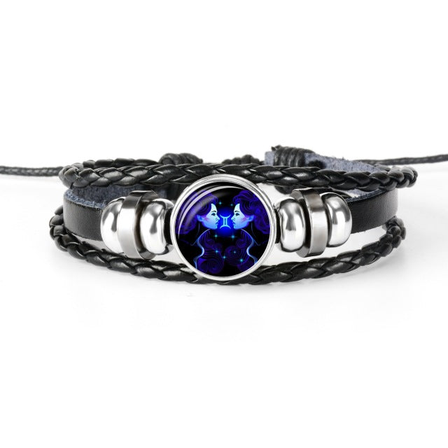 Zodiac Sign Black Braided Leather Bracelet