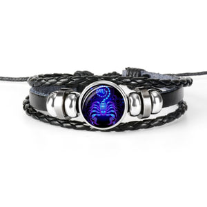 Zodiac Sign Black Braided Leather Bracelet